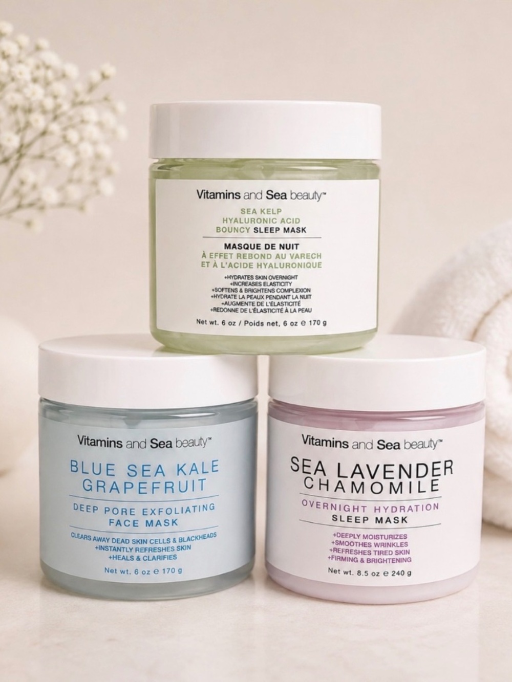 Vitamins and Sea Beauty Face Mask Bundle Collagen Sleep Mask Skincare Set NEW pc
